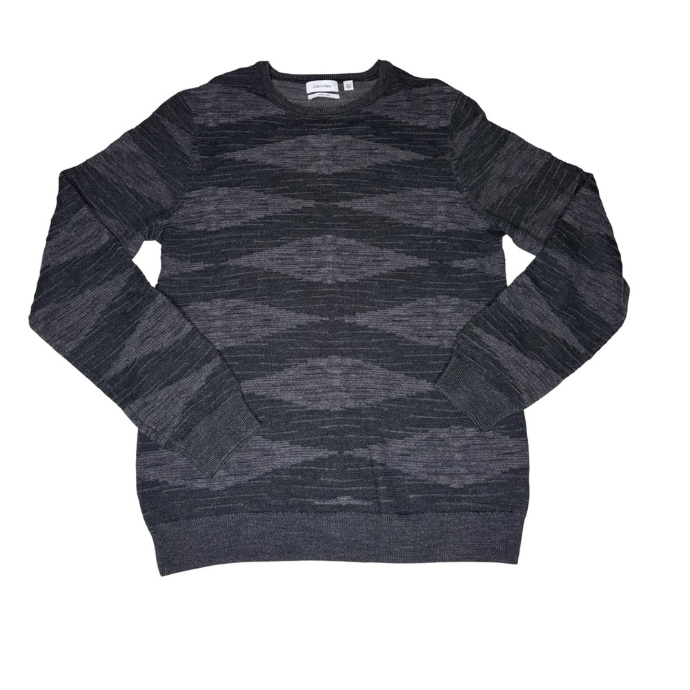 Calvin Klein Sweater Mens M Gray Merino Wool Italian Yarn Diamond Knit Crewneck